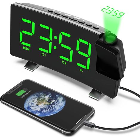 (Grün) Projektions-Radiowecker, 180°-Deckenprojektionswecker, USB-FM-Digitaluhr mit Dual-Funktion (1/4)