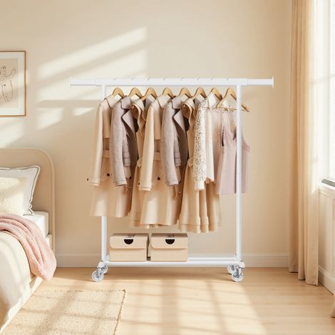 Portant à Vêtements avec Roulettes, Tringle Extensible, Capacité de Charge 100 kg, 45 x (92-132) x 161,5 cm, Montage Facile, Blanc (1/5)