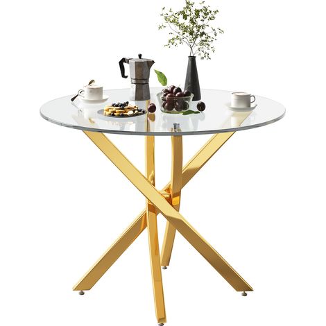 Table ronde en verre 80 cm style moderne avec pieds croisés dorés, design compact pour salle à manger, cuisine ou salon - CHICFURN (1/5)