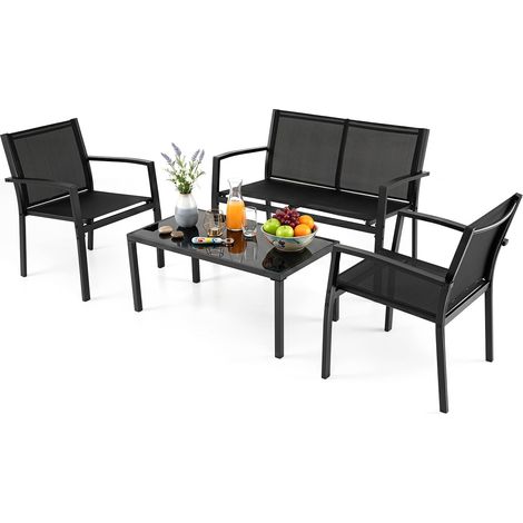 COSTWAY Salon de Jardin 4 Pcs, Ensemble Bistro avec Canapé 2 Places, 2 Fauteuils Simples Table Basse avec Plateau en Verre Trempé Cadre Métallique, Mobilier Extérieur pour Patio Terrasse (1/5)