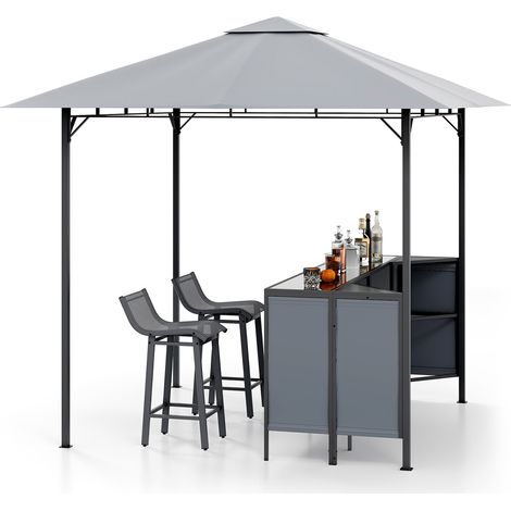 Tonnelle de Bar de Patio en 3 Pièces 245 x 245 CM avec 2 Tabourets de Bar, Abri Barbecue Double Toit Table de Bar Porte-Verres à Vin, Gris (1/5)