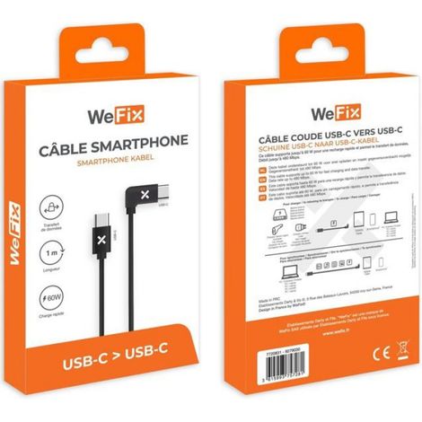 Câble téléphone portable Wefix Cable coude USB-C vers USB-C 1M Noir (1/2)