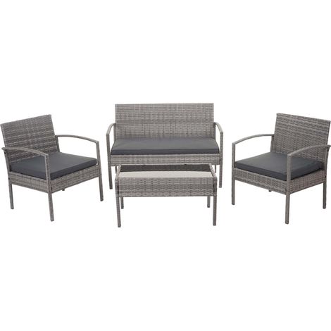 Set salotto giardino esterno salottino elegante HHG-821 polyrattan grigio con cuscini grigio scuro