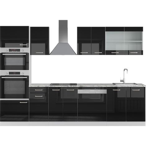 Cucina componibile R-Line, Nero lucido, 300 cm con armadio alto, PL Marmo, Vicco