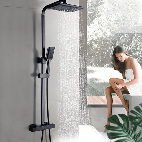Kit doccia nero con soffione, asta doccia, flessibile doccia, doccetta per doccia e bagno, effetto pioggia, ideale per ristrutturazioni, kit di montaggio completo