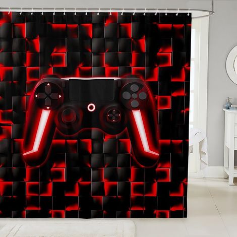 Gamer 180x200cm Rideau Douche pour Garçons Géométrique Jeux Enfants Rideau de Bain Rouge Noir Tartan Poignée de Jeu Rideau de Douche pour Adolescents,Jeux Vidéo Rideau de Baignoire Imperméable À L'Eau (1/5)