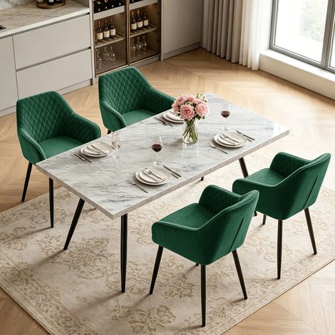 AINPECCA Dining Table and 4 Dining Chairs Set Dining Room Chair Kitchen Home Office(White table+4 Green velvet chairs)