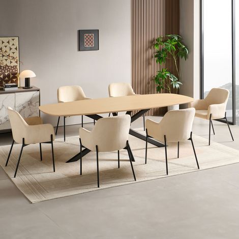 Ensemble table 200 cm effet chêne + 6 chaises velours côtelé beige