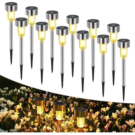 Pack de 12 Lampes Solaires Exterieur Jardin, Étanche en Acier Inoxydable, Lumière Solaire Automatique Rechargeable, pour Allée, Terrasse, Pelouse, Cour et Jardin Décoration(Blanc Chaud) (1/5)