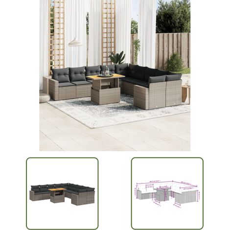 The Living Store 11-tlg. Garten-Sofagarnitur mit Kissen Grau Poly Rattan - Gartenmöbel - Outdoor Möbel - Rattan Gartenset - Lounge Set - Sofasatz