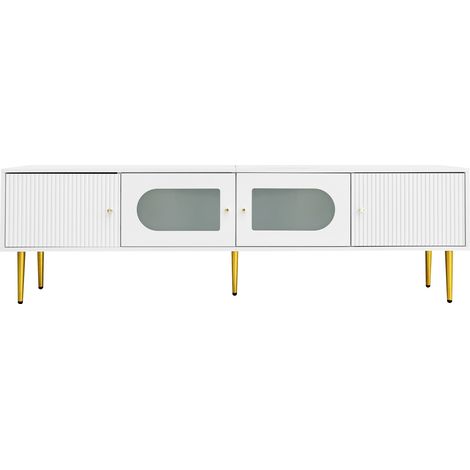Mobile TV bianco 170 x 35 x 50 cm in truciolare con gambe e maniglie dorate, 4 ante e vetro ad arco (1/5)