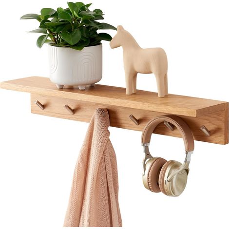 Chêne Etagere Murale avec Crochets, 70cm Flottante Etagere Murale en Bois Massif, Patere Portemanteaux avec Etagere pour Salle de Bain, Chambre, Salon, Entrée, Bureau (70cm - 6Crochets)
