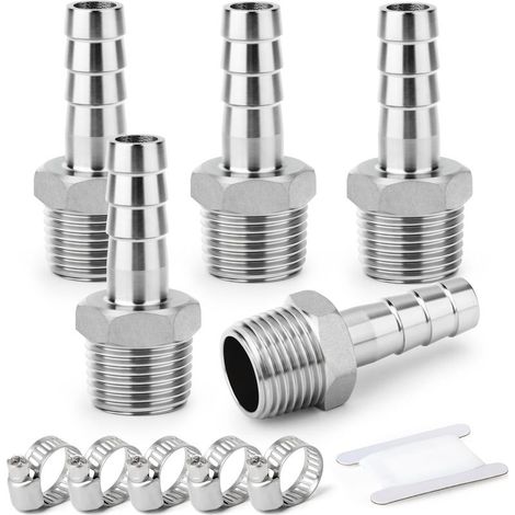 2 pièces raccords embout cannelé acier inox 304, 10 mm vers filetage mâle BSP 3/4", raccord compression eau, carburant, air - 3/4"M X 12MM(5PCS) (1/5)
