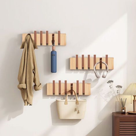 Patère Murale de 6 crochets rétractables, , Porte Manteau Mural, Cintre D'angle en Bois Massif pour Suspendre Manteaux écharpes, Sacs à Main et Autres, pour Chambre et Vestiaire (1/4)