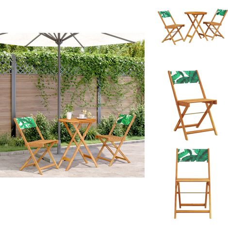 Ensemble de bistro 3 pcs motif de feuilles tissu et bois massif - Meubles De Jardin - Salon De Jardin - Ensemble De Bistro - Mobilier Extérieur - Acacia Massif (1/5)