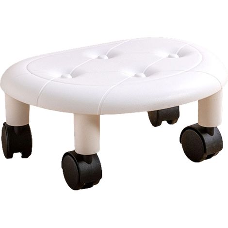 Tabouret bas roulant rond en faux cuir avec roulettes pivotantes capacité de charge élevée pour maison blanc (1/5)