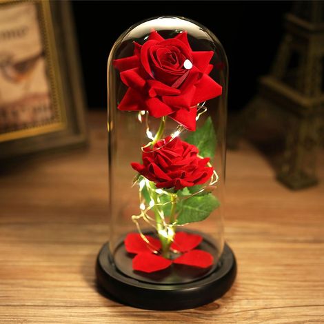 Roses d'Éternité - Rose dorée sous dôme de verre avec LED - Fleur éternelle lumineuse sur socle en bois - Lot de 4 - Rouge (1/5)