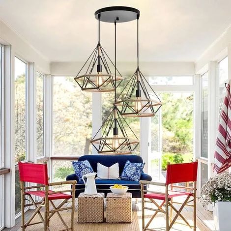 Lustre Suspension Vintage en Cage Diamant,E27 Lampe Luminaire Industrielle Corde de Chanvre Style Edison pour Salon Chambre (1/4)