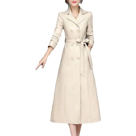 Manteau en peau de mouton pour femme Style coréen Trench Automne Hiver Slim Fit Ceinture Double Boutonnage Longue Veste en Cuir (1/5)