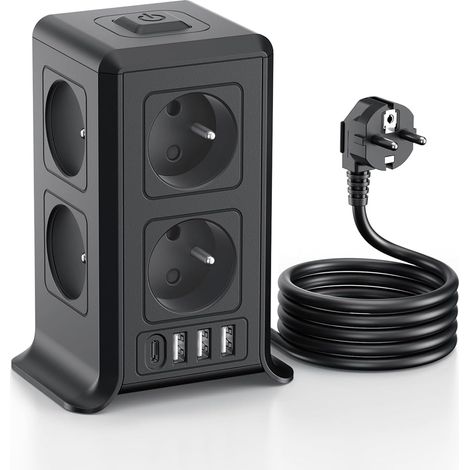 Multiprise avec Interrupteur Tour, 12 en 1 Prise Multiple avec 8 Prises et 4 USB, Multiprise 1 USB C et Rallonge Electrique 2M, Multi Prise Electrique, Maison, 3680W, Noir (1/5)