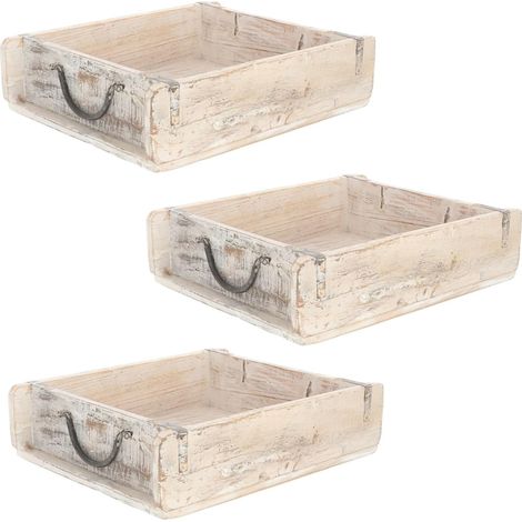 Novaliv 3x boîte en bois vintage blanc 30 x 25 x 8 cm forme de brique ancienne grande boîte tout usage en bois ancien recyclé chaque forme est unique