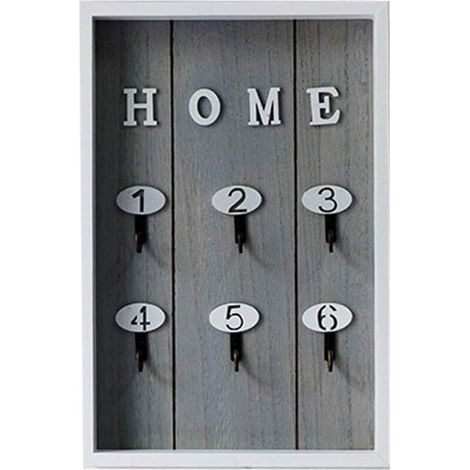 Armoire à clés en bois avec 6 crochets, grise - (1/4)