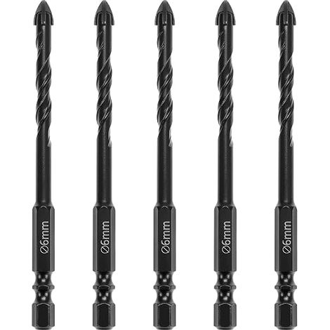 QWORK® Lot de 5 Mèches à Carrelage 6mm – Forets à 4 Taillants en Carbure pour Verre, Céramique et Porcelaine – Tige Hexagonale 1/4" et Double Spirale pour Béton, Brique et Bois (1/5)