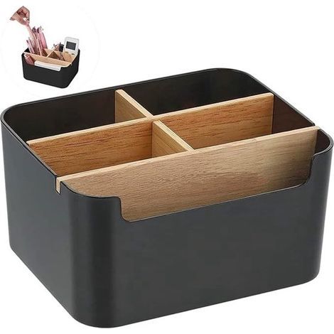 Organiseur de bureau en bambou avec 5 compartiments de rangement pour stylos et petits objets (1/5)