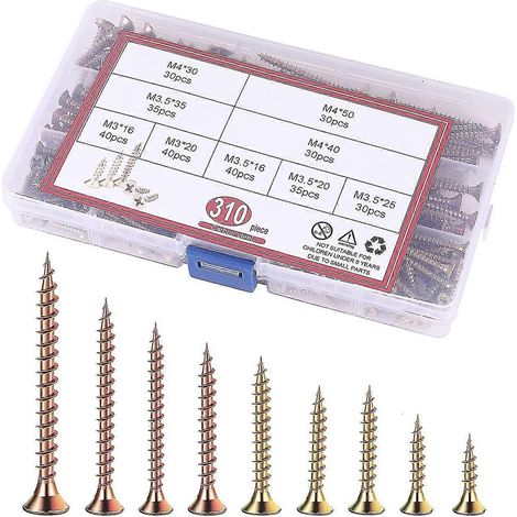 Assortiment de 310 vis à bois, vis à tête plate, en acier galvanisé, vis autotaraudeuses, assortiment de vis pour plaques de plâtre (1/5)