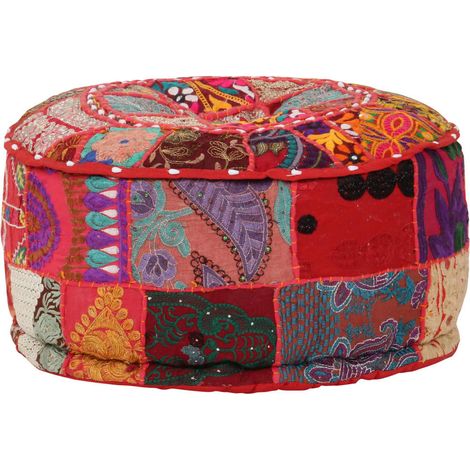 Patchwork Sitzpouf Rund Baumwolle Handgefertigt 40x20 cm Rot