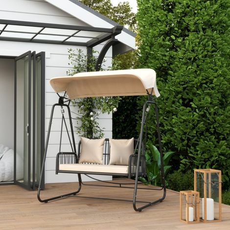 Sillón columpio jardín 2 plazas con toldo caqui OKMYHOME (1/5)