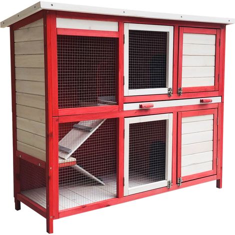 Wiltec – Clapier à deux niveaux 1175 x 410 x 1000 mm – Bois sapin – Toit bitumé – Escaliers et bac amovible – Abri pour rongeurs (1/3)