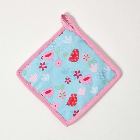 HOMESCAPES Birds and Flowers Pink Cotton Pot Holder