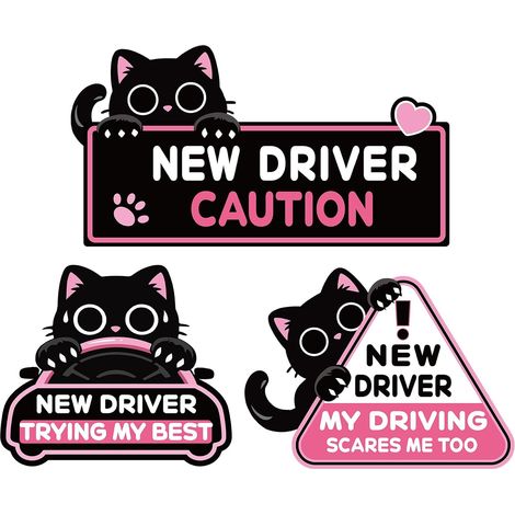 3pcs Aimant Apprenti Conducteur Chat Noir, 3 Styels Aimant a Jeune Conducteur Réfléchissants Amovibles Réutilisables pour Accessoires de Voiture (1/5)
