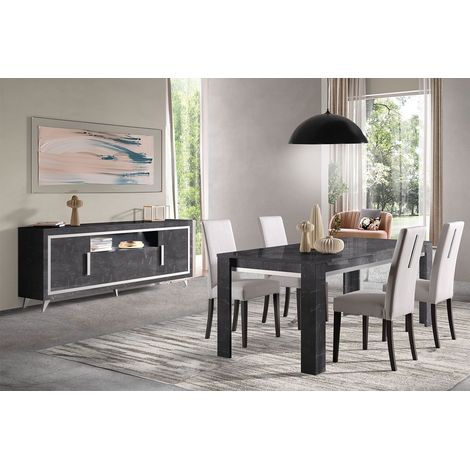 GUEDA - Ensemble Séjour Effet Marbre Anthracite Table 160cm + Buffet avec Leds (1/4)
