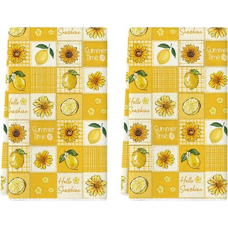 Lot de 2 torchons de cuisine d'été en polyester - Motif tournesols et citron - 42 x 65 cm (1/5)