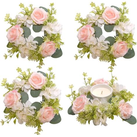 Candle Wreaths, Hydrangea Candle Wreaths for Pillars, Christmas Wreaths, Wedding, Home, Table, Party Decoration (Pink) (1/5)
