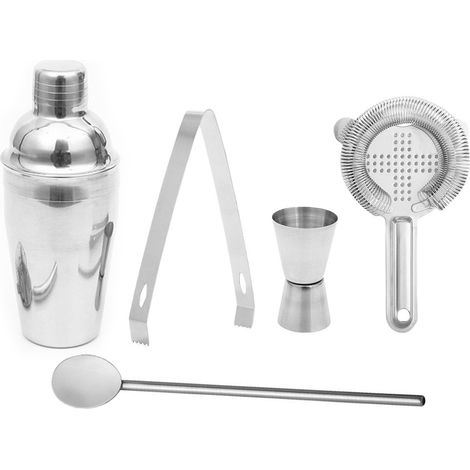 5-teiliges Cocktailset aus Edelstahl, 750 ml, bestehend aus Shaker, Messlöffel, Jigger und Barsieb. (1/5)