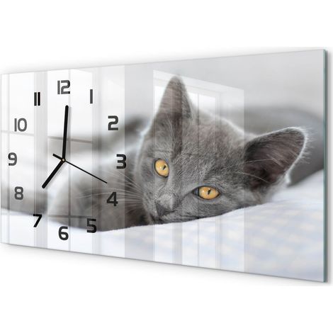 Horloge Murale Horizontale Artistique 60x30 cm Décoration Murale Moderne Chat gris (1/5)