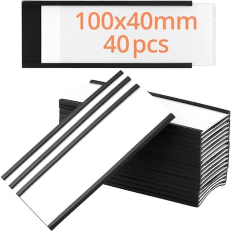 40pcs Porte-Étiquettes Magnétiques 40 x 100 mm avec Insert en Papier et Film de Protection, pour Étiquetagepour Étagère Métallique, Casier, Tableau blanc (1/4)