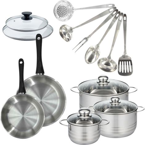 Set de 2 poêles 20, 24 cm inox, couvercles verre, 3 faitouts inox 16, 20 et 24 cm et 6 ustensiles Oxford inox Fackelmann Geneva (1/5)