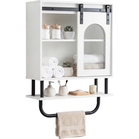 COSTWAY Bathroom Wall Cabinet Farmhouse Medicine Cabinet with Sliding Barn Door & Metal Hanging Bar (1/5)