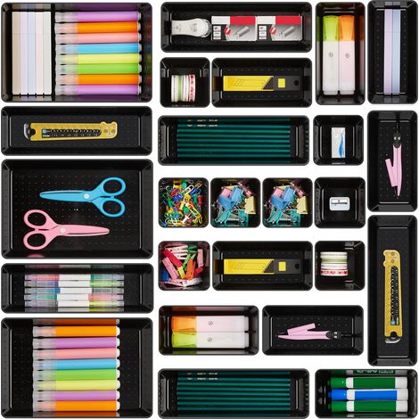 Lot de 25 Organisateurs de Tiroir – 4 Tailles, Rangement Tiroir en Plastique Noir – Parfait pour Salle de Bain, Coiffeuse, Bureau, Cuisine, Outils et Maquillage (1/5)