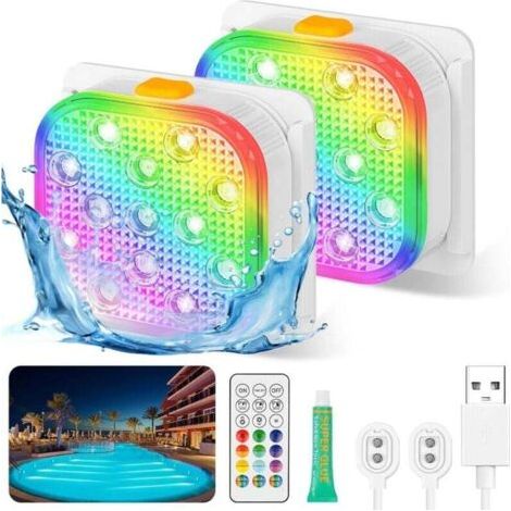 Eclairage de piscine, Lampes LED Submersibles Rechargeables, Lumières de Piscine, Étanches IP68, 16 Lumières à Changement de Couleur Avec Télécommande, Aimants, Pour Baignoire, Étang, Fête, Lot de 2 (1/4)