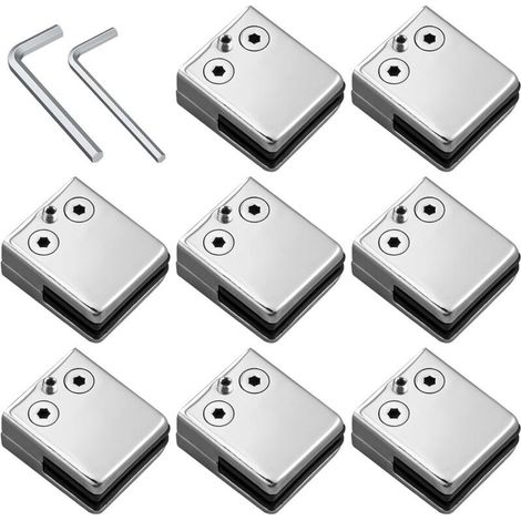 Lot de 8 pinces à verre de taille moyenne (8-9 mm) en acier inoxydable – Dos plat, finition polie, fixation antirouille avec vis de serrage pour garde-corps, balustrades, escaliers et mains courantes. (1/5)