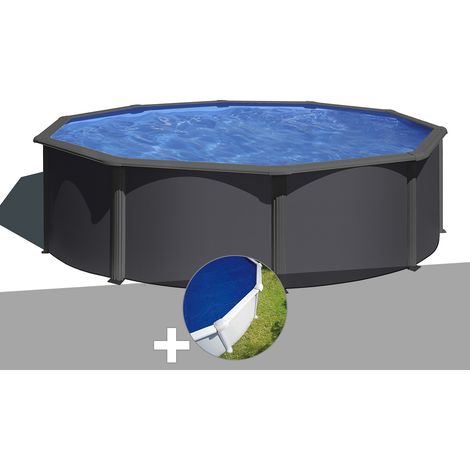 Kit piscine acier gris anthracite Gré Louko ronde 4,80 x 1,22 m + Bâche à bulles