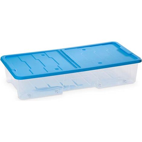 Contenitore master box in plastica da 35 lt, coperchio con apertura ali di gabbiano, ruote, cm 77x39xh.15,15, coperchio colore blu
