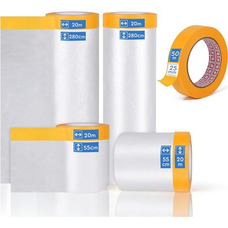 Rollen Abdeckplane mit Klebeband: 280 cm x 20 m x 1, 150 cm x 20 m x 1, 55 cm x 20 m x 2 Rollen Abdeckfolie und 1 Rolle Abdeckband 25 mm x 50 m