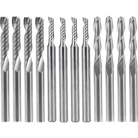 Lot de 12 fraises à défoncer en carbure, 4 fraises à double cannelure de 0,32 cm et 8 fraises à simple cannelure (2 types) pour nylon, résine, ABS, acrylique, PVC, MDF et bois dur. (1/4)