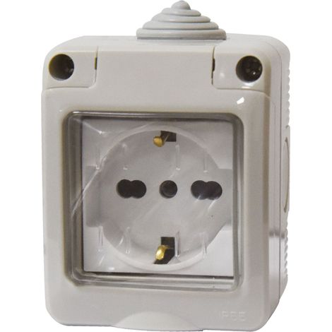 Kit Contenitore Cassetta Elettrica Esterna 1 Presa Schuko Universale + Coperchio Stagno IP55, Montaggio Da Parete Esterno,Omologato IMQ